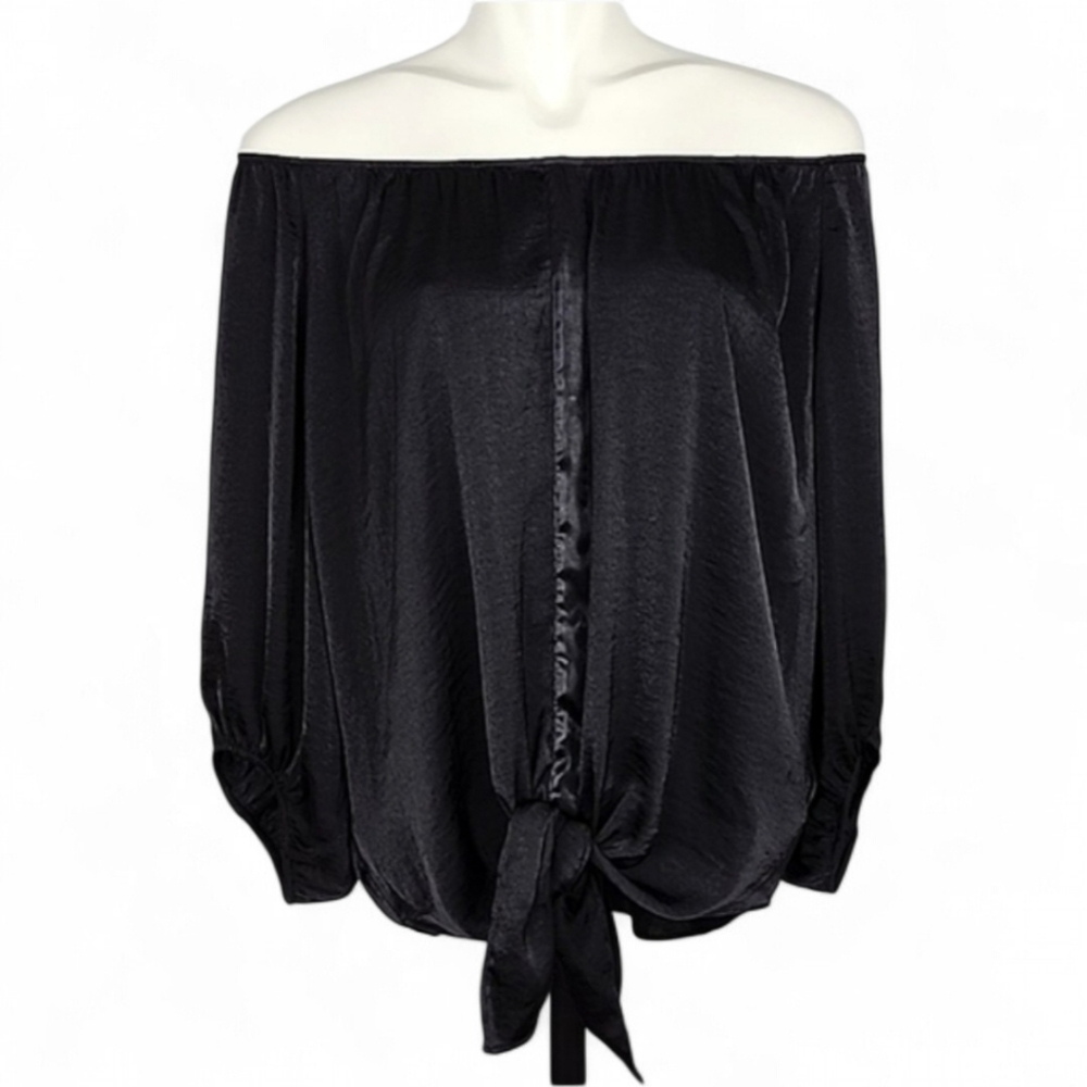 Jennifer Lopez Women's Off The Shoulder Front Knot Black Blouse Flowy L